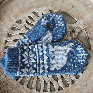 Blue and White Knit Mittens